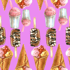 A seamless pattern of three types of watercolor ice cream sketches: chocolate on a stick, in a waffle cone and in a cup on a pink, lilac background