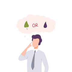 Man Trying to Make Decision, Environment or Industry, Guy Thinking about Environmental Protection Flat Vector Illustration