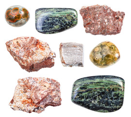 set of various Rhyolite rocks isolated on white