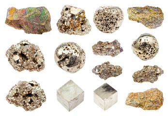 set of Pyrite (iron pyrite, fool's gold) crystals - obrazy, fototapety, plakaty