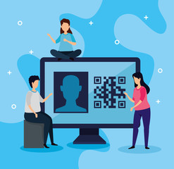 scan code qr with computer and business people vector illustration design