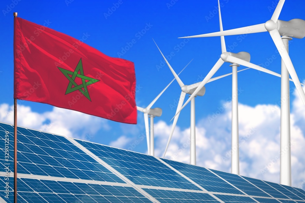 Wall mural morocco solar and wind energy, renewable energy concept with solar panels - renewable energy against