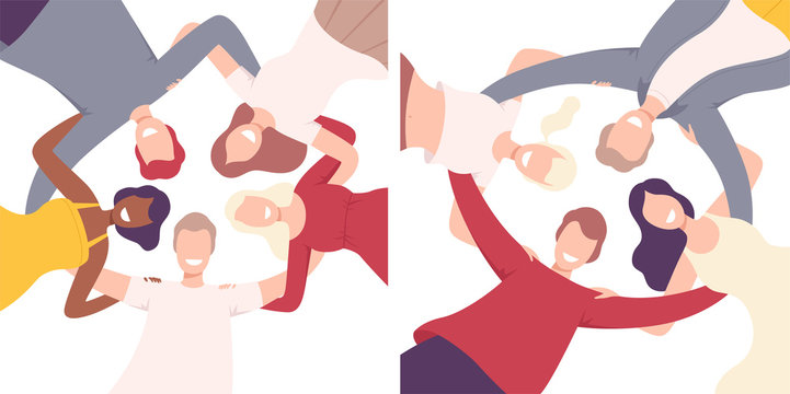 Happy People Embracing Together In Circle Set, Low Angle View Flat Vector Illustration