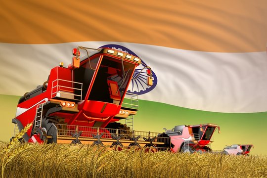 industrial 3D illustration of agricultural combine harvester working on grain field with India flag background, food production concept