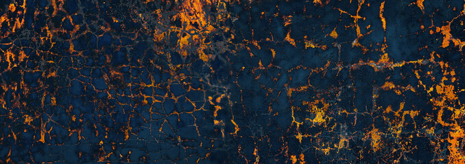 panoramic blue plaster with orange cracks. fire and ice concept background