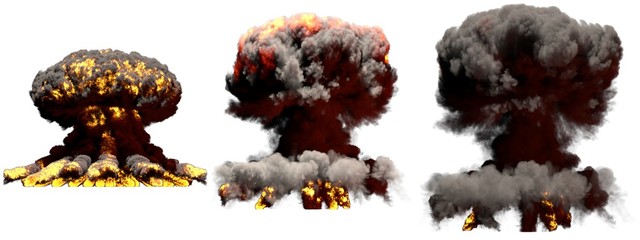 3D illustration of explosion - 3 large different phases fire mushroom cloud explosion of thermonuclear bomb with smoke and flame isolated on white
