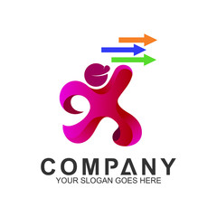 Courier man logo design with arrow shape. Delivery service icon, Fast people vector.