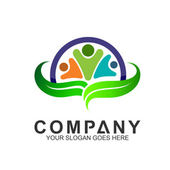 Family with leaf shape logo design. Community care. Adoption and charity logo icon. Healthy People symbol.