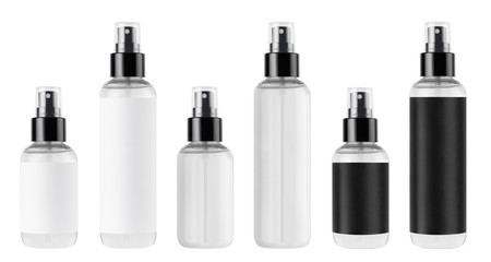 Collection tall and low spray dispenser bottles for cosmetics - transparent and with black, white...