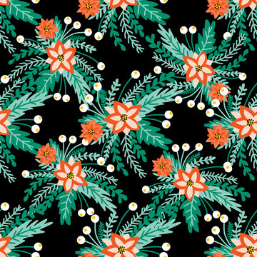 Vector background Poinsettia Christmas flower bouquets. Flat style abstract red florals and berries on black seamless pattern. Hand drawn Holiday design.