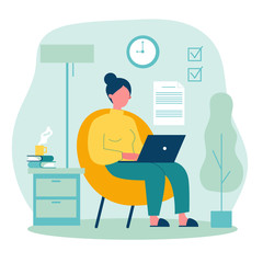 Happy freelance worker working with laptop at home. Woman sitting in armchair, using computer. Vector illustration for freelancer, morning, planning, routine concept