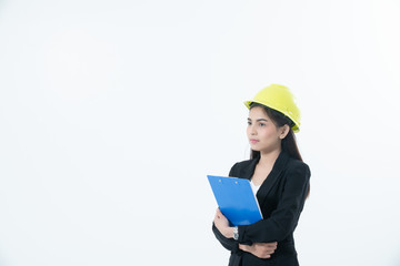 Asian women engineering inspecting and working and holding blueprints and clipboard checking isolated on white background