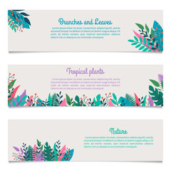 Fototapeta na wymiar Horizontal banner set with leaves and green plants. Spring and summer design with space for text. Leaf and tree branches background. Template for nature header, poster or flyer. Vector illustration.