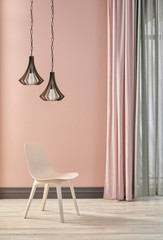 Lamp and wall concept with curtain and window view.