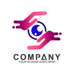 Hand with eye logo design. Vision icon. Eye care vector logo.