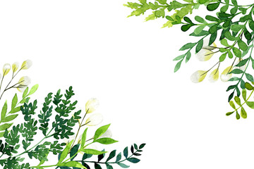 Corner botanical background, greenery with leaves and branches