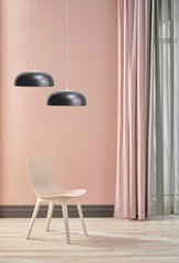 Lamp and wall concept with curtain and window view.