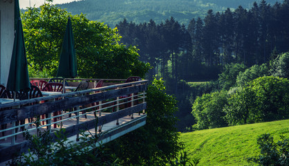 Scenic mountain landscape. View on the Black Forest, Germany, covered in fog. Colorful travel background.