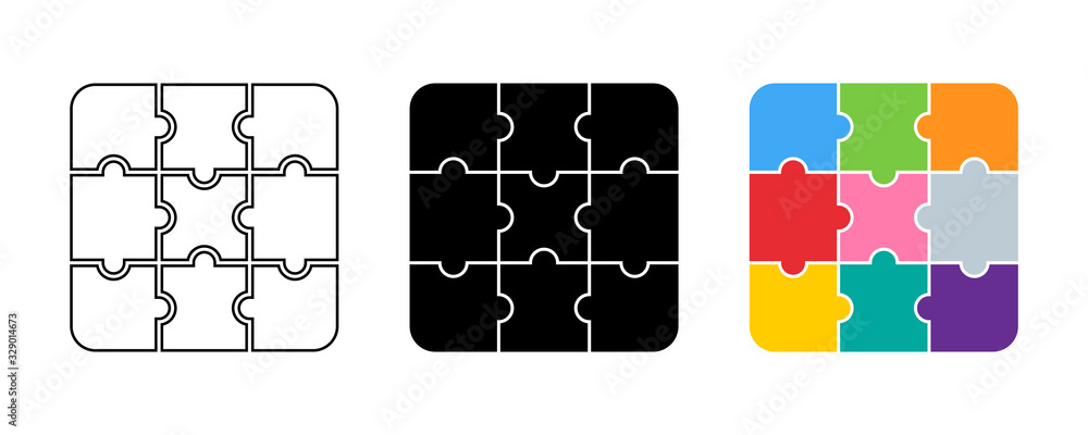 Poster puzzle collection. puzzle pieces different color and design. puzzle jigsaw, isolated on white backgr
