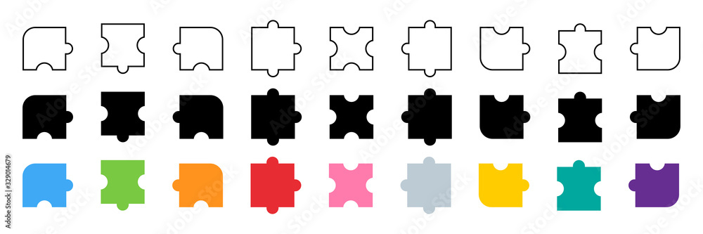 Poster puzzle collection. puzzle pieces different color and design. puzzle jigsaw, isolated on white backgr