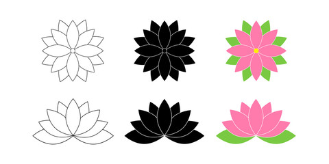 Lotus flowers. Lotus in flat deisgn, isolated on white background. Lotus Flower Logo. Flowers Harmony icons. Vector illustration