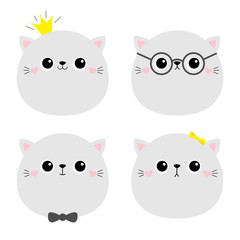 Cat ktten face icon set. Cute kawaii kitty animal. Crown, glassess, bow, sunglasses. Kids print poster, t-shirt. Cartoon funny baby. Love Scandinavian style. Flat design. White background.