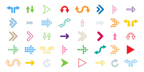 Arrows colorful icons. Arrow. Arrow icons, isolated on white background. Cursors different color in flat style. Panorama view. Cursor vector icon. Vector illustration