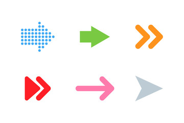 Arrows colorful icons. Arrow. Arrow icons, isolated on white background. Cursors different color in flat style. Panorama view. Cursor vector icon. Vector illustration