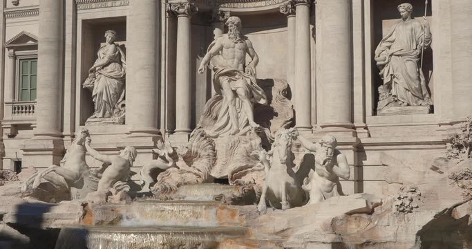 Rome (Italy) - 4k real time video famous Trevi Fountain Oceanus statue waterfall