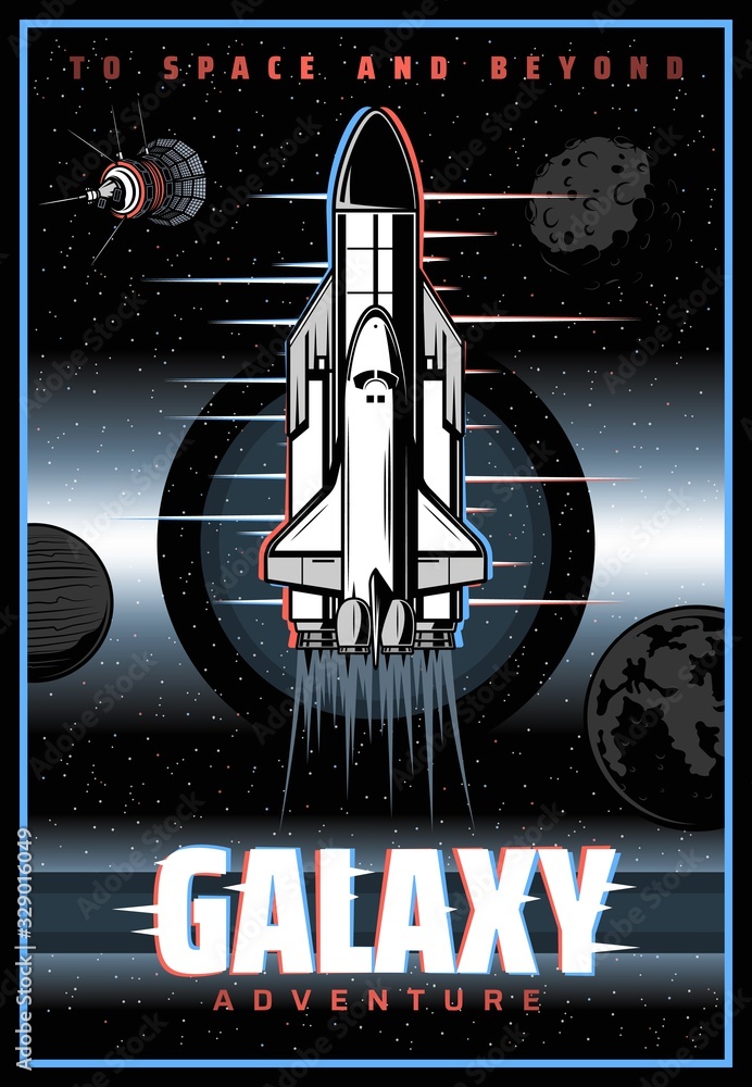 Poster Spaceship outer space and galaxy exploration retro poster with glitch effect. Space explorer adventure vector vintage card with spaceship shuttle on orbit, mars planet, moon and satellite in universe