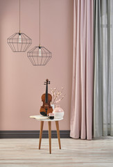 Pink wall background and lamp concept interior room.