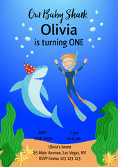 Cute baby shark invitation card. Vector illustration for kids