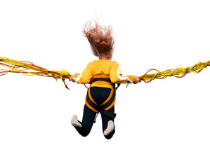 Girl jumping on a bungee isolated
