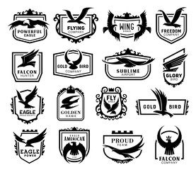 Eagles, hawks, kites and falcons coat of arms black silhouettes icons set, vector wild flying birds outspread wings for heraldry, hunting club design, mascot team, airport company monochrome symbol