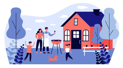 Obraz na płótnie Canvas Happy family doing barbecue at garden flat vector illustration. Mother and father cooking outdoor near house. Kids playing with dog at backyard. BBQ party and weekend concept