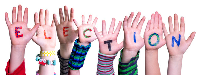 Children Hands Building Colorful Word Election. White Isolated Background