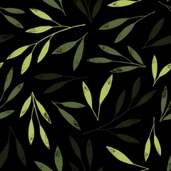 Gordijnen groene naadloze patroon vector takken potlood tekening, vintage stijl grafische textuur illustratie © Noli Molly