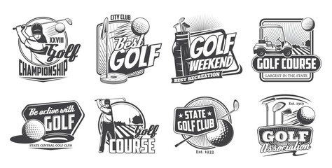 Golf sport and players isolated vector icons set. Golf club association, courses and championship monochrome badges, symbols with equipment and game items, golfer on field with ball and cart labels