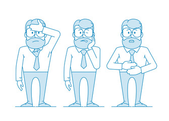 A man is suffering from pain. Headache, toothache, and abdominal pain. Character - a man in glasses and with beard. Office worker in a shirt with a tie. Illustration in line art style. Vector