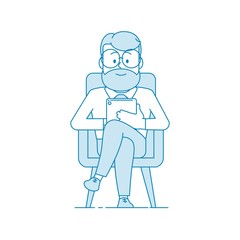 Smiling man sitting in a chair and looking at a tablet computer. Reads news, a book or does business. Character - a man in glasses and with beard. Office worker. Illustration in line art style. Vector