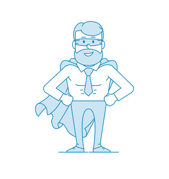 recommend clip art: Male office worker in a superhero costume. Concept of a leader or company leader. Character - a man with a beard and glasses. Illustration in line art style. Vector