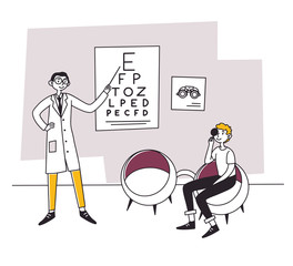 Patient visiting ophthalmologist. Young man checking up eyesight flat vector illustration. Examination, healthcare, vision concept for banner, website design or landing web page
