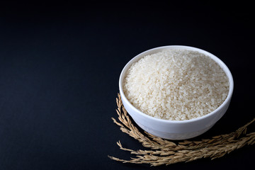 Japanese rice in white ceramic bowl on black background. 45 degree angle. close up shot.