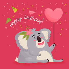 Naklejka premium Birthday greeting card. Cute happy animal Koala with a pink balloon in the shape of a heart