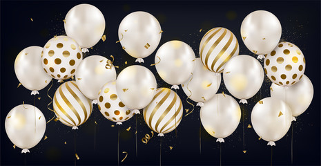 Panoramic horizontal banner with white air balloons,gold confetti on black background. Happy Birthday greeting card. Anniversary. Concept for web banner, social networks, promotional sales.Vector.
