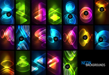 Set of glowing neon shiny transparent abstract geometric shapes with light effects. Techno futuristic vector backgrounds For Wallpaper, Banner, Background, Card, Book Illustration, landing page