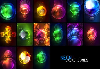 Set of glowing neon shiny transparent bubbles, glass circles or bio cell concepts. Techno futuristic vector abstract backgrounds For Wallpaper, Banner, Background, Card, Book Illustration