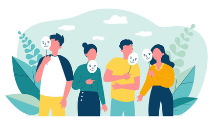 Depressed guy and girls holding positive masks on sticks. Sad people covering unhappy faces. Vector illustration for emotion, personality, psychology, disguise concept