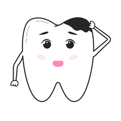 Logo, image for dental clinics. Cute  tooth. Tooth with caries. Concept of dental treatment. Cartoon style. Vector illustration.