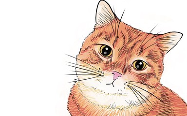 Drawing and painting of Orange cat on white background with yellow big eyes.
